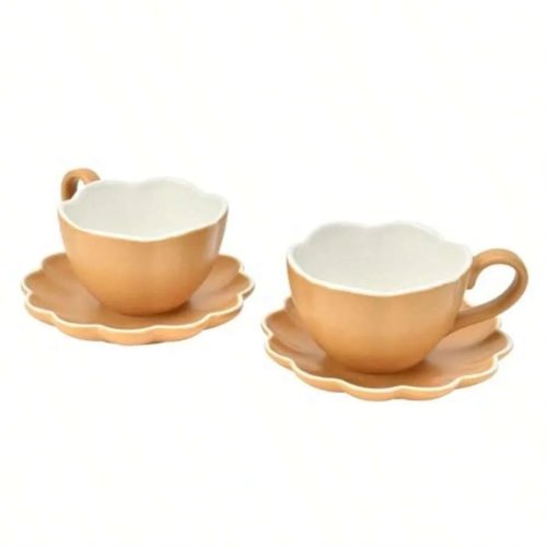 Set 2 Cangkir Espresso Keramik dengan Piring 180 ml — Cangkir Kopi untuk Cappuccino/Latte/Teh, Motif Bunga, Cokelat Karamel