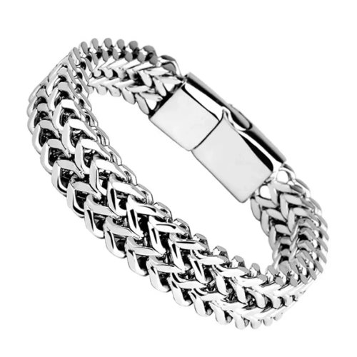 Pulsera trenzada de doble fila en acero inoxidable con diseño de escamas y cierre magnético — nuevo modelo