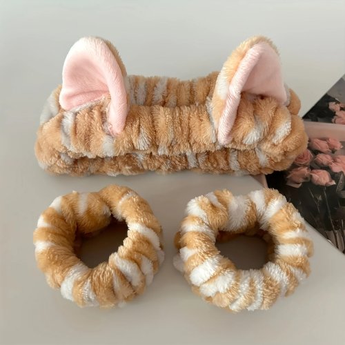 Fascia per capelli in peluche con orecchie da gatto + polsini — Morbida fascia per lavare il viso, unisex