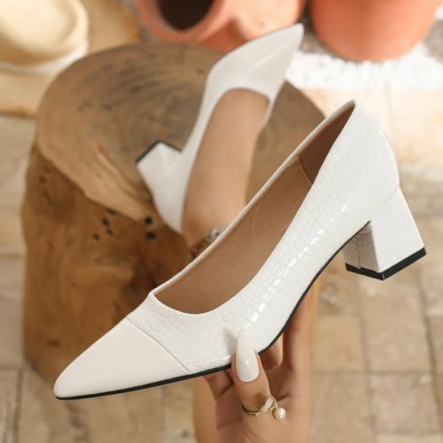 Escarpins femme slip-on, bout pointu, talon épais, blanc effet patchwork — grandes tailles