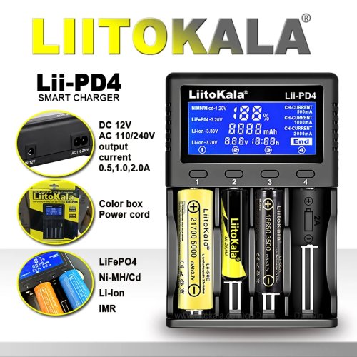 Sạc pin LiitoKala Lii-PD4/PD2 USB-PD màn hình LCD, sạc nhanh, 4/2 khe cho 21700/18650/AA/AAA, tự nhận và bảo vệ đa lớp