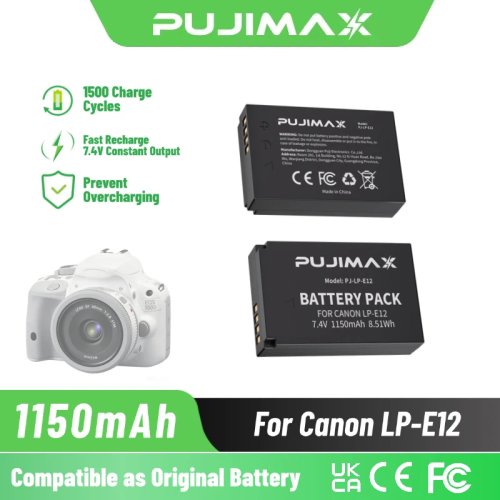 بطارية كاميرا قابلة للشحن PUJIMAX LP‑E12 سعة 1150mAh (Li‑ion) لكانون EOS M / M10 / M50 / M100 و Rebel SL1/100D (Kiss X7)