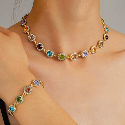 Set choker và vòng tay pha lê nhiều màu phong cách Hàn Quốc cho nữ — đính đá lấp lánh