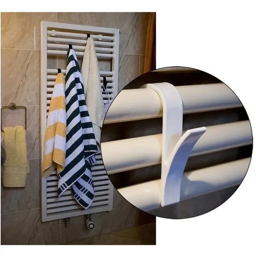 Radiator-rail hanger clips – clear/white plastic hooks for towels, clothes & scarves, kitchen & bathroom storage organizer