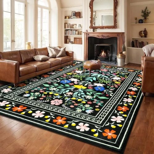 Alfombra vintage con flores para sala — lavable en máquina, antideslizante, suave, para dormitorio y sofá