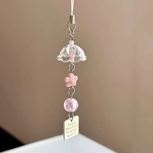 Breloque carillon Sakura avec carte message 'Follow Your Dreams, Trust Your Heart' — attache téléphone / charm de sac pour femme