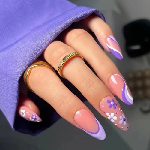 Cute floral almond French tip press-on nails — sweet purple minimalist false nails