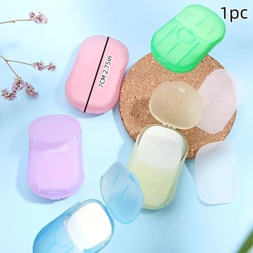 Scatola da viaggio con 20 mini saponette – dispenser sapone in plastica portatile, colori assortiti (rosa, giallo, verde, viola), ideale per bagno, cucina, campeggio e viaggio – design igienico