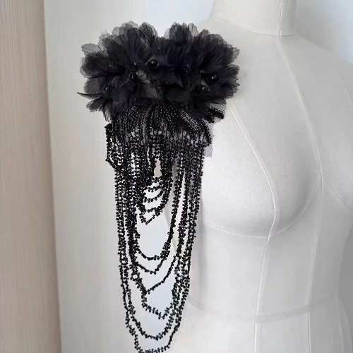Schwarze Perlen-Blüten-Applikation, handgenäht – Schulterverzierung DIY für Brautkleid und Kleidung