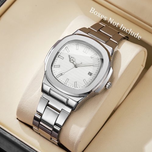 Reloj para hombre cuarzo, carátula cuadrada, correa de acero inoxidable con calendario - estilo ejecutivo (sin caja)