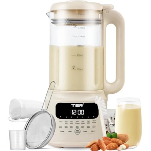 Borosilicate Glass Nut & Plant Milk Maker – 10-in-1 Home Machine, Auto Clean, 24H Preset, 12H Keep Warm, Beige