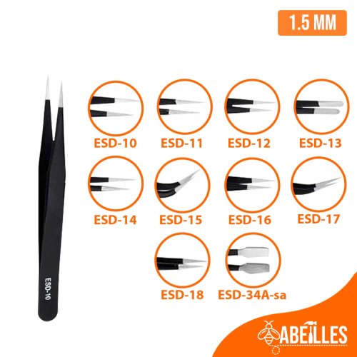 Pinça antistática ESD em aço inox 1,5 mm – modelos ESD-10 a ESD-18