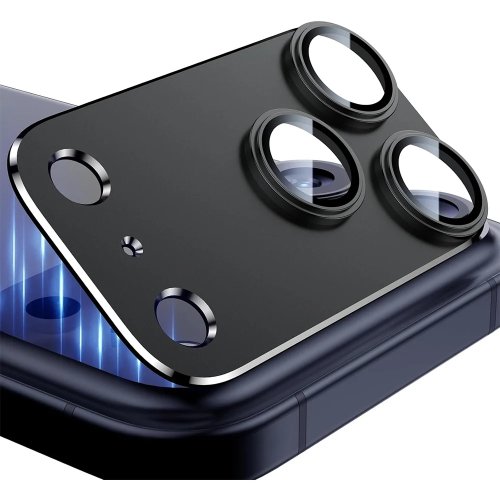 Protezione lente fotocamera con cornice metallica e vetro temperato per iPhone 17 / 17 Pro / 17 Pro Max / 17 Plus / 17 Air — Nero