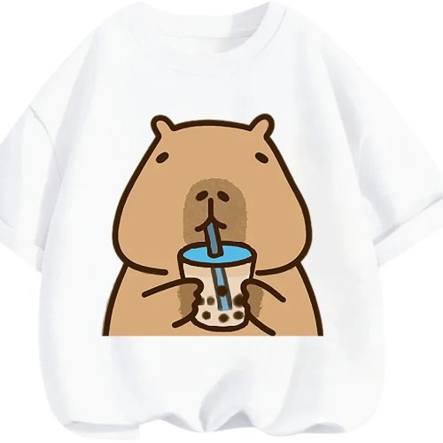 T-shirt enfant motif capybara, été, col rond, style casual/streetwear, 3–14 ans