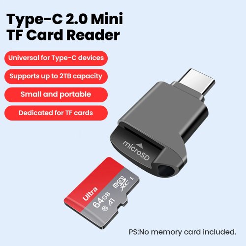 قارئ بطاقات صغير USB‑C TF (microSD) — تخزين خارجي لهواتف USB‑C وiPhone 16/17، أسود