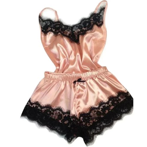 Set piyama wanita musim panas dari sutra dengan renda — top cami & celana pendek
