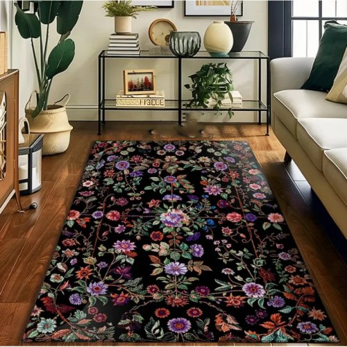 Alfombra VIKAMA estilo boho floral morada — antideslizante y lavable, para sala