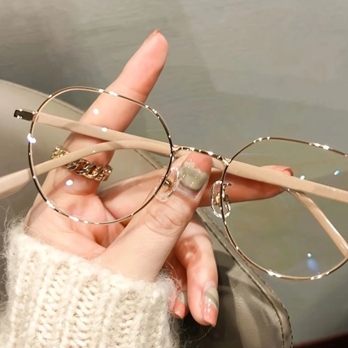 Occhiali donna rotondi in metallo dorato/beige con montatura piena, eleganti — ideali per PC, gaming e cellulare