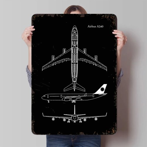 لوحة حائط معدنية بتصميم مخطط Airbus A340 - ديكور معلق للمنزل والمكتب لمحبي الطيران