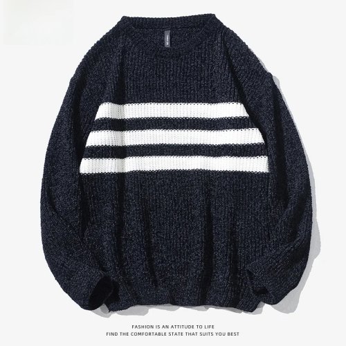 Korean-style striped knit sweater, unisex oversized pullover for Autumn/Winter — casual Hong Kong streetwear basic for couples