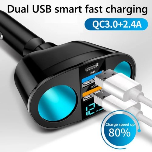 شاحن سيارة 3 منافذ بشاشة رقمية، USB-C وUSB-A – شحن سريع لهواتف iPhone وSamsung وXiaomi