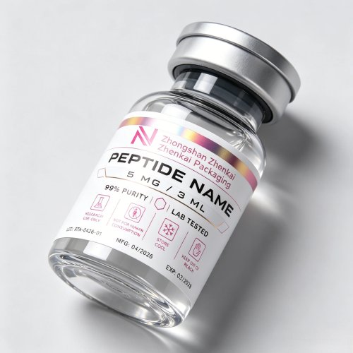 สติ๊กเกอร์ฮอโลแกรมสั่งทำสำหรับขวดเปปไทด์และกล่องพรีเมียม — เหมาะกับขวด 3ml/5ml/10ml สำหรับซาลอน ฟิตเนส และห้องแล็บ