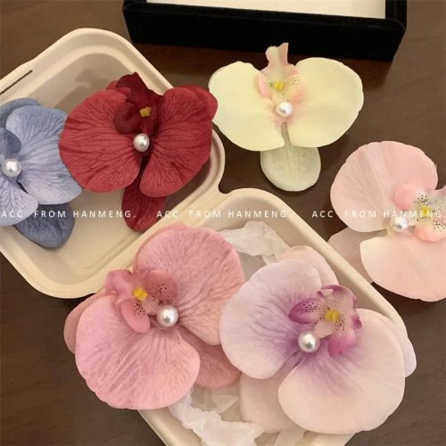กิ๊บติดผมดอกกล้วยไม้สีชมพูประดับมุก สไตล์เกาหลี กิ๊บดอกไม้โบฮีเมียน สำหรับเจ้าสาว