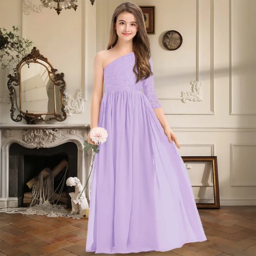 Gaun Pengiring Pengantin Anak (Lilac) A-line, Satu Bahu, Panjang Lantai, Renda & Chiffon, Gaun Formal Untuk Anak Perempuan