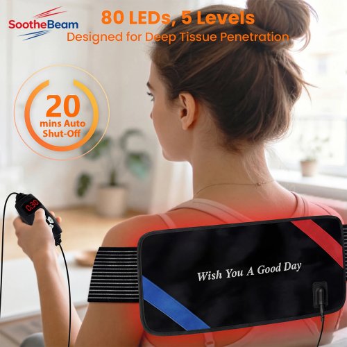 Almohadilla de terapia de luz roja para casa — 80 LED (660 nm y 850 nm) Envoltura térmica para pie, pierna, espalda y abdomen — Alivio y cuidado diario