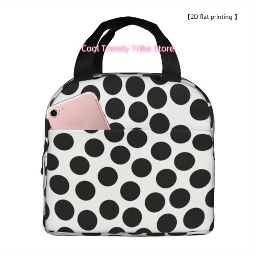 Black & White Polka Dot Insulated Lunch Bag — Portable Reusable Cooler for Picnic & Camping