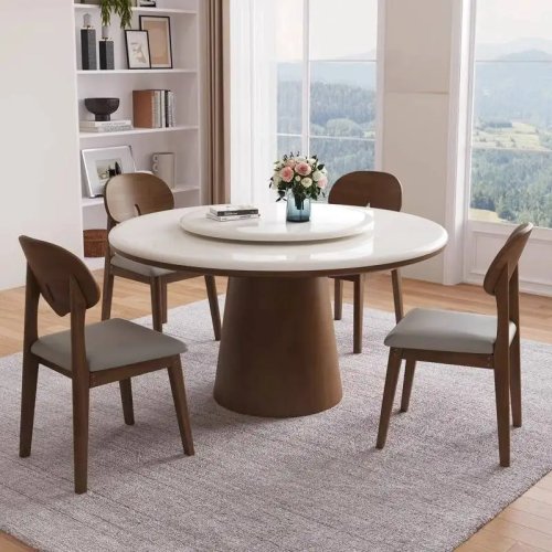 Mesa de comedor redonda de madera maciza de lujo con charola giratoria (Lazy Susan) - estilo restaurante moderno