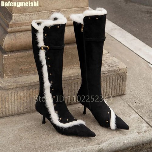 Dames hoge laarzen stiletto retro suède zwart/bruin — puntige neus, smalle hoge hak, met gesp — Winter 2026