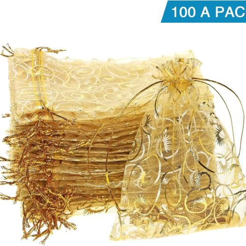 Bolsitas de organza con estampado dorado y cordón – bolsas para regalo de joyas y almacenamiento de pestañas