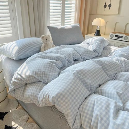 Capa de edredão vichy Queen azul e branco, conjunto 3 peças, microfibra lavada, macia e respirável, estilo farmhouse