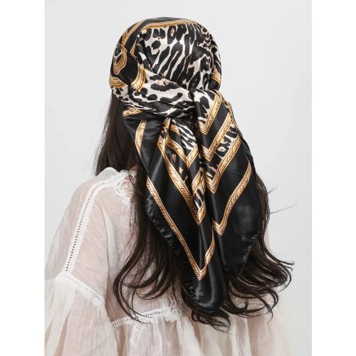 وشاح مربع 90×90 سم من حرير ساتان ماركة فاخرة - لفّ/باندانا/حجاب نسائي