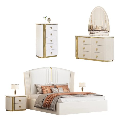 Conjunto de quarto de madeira de luxo King size, com estrutura moderna e cama revestida em pele