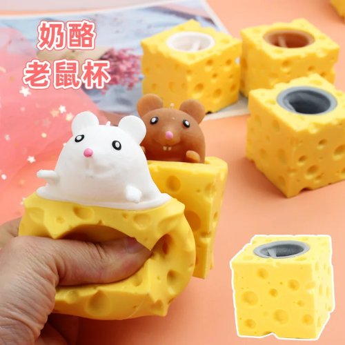 Mainan tekan tikus & keju — Mainan pereda stres (squeeze/fidget) untuk anak & dewasa, hadiah lucu