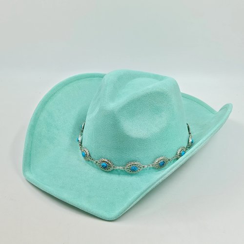 Turkooizen heren cowboy/fedora-hoed van vegan suède, brede rand — jazz/Panama-stijl