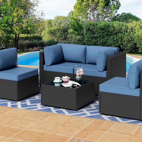 5‑teilige Terrassen‑Lounge/Ecksofa‑Garnitur aus PE‑Wicker, Conversation‑Set mit waschbaren Kissen, modular/maẞgeschneidert