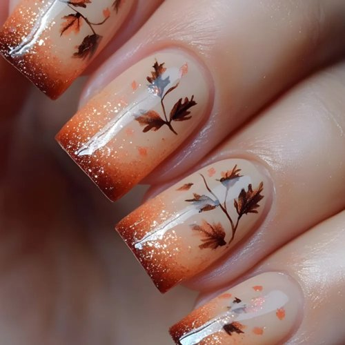 Unghie press-on con foglia d'acero autunnale, corte e quadrate, effetto ombré glitter