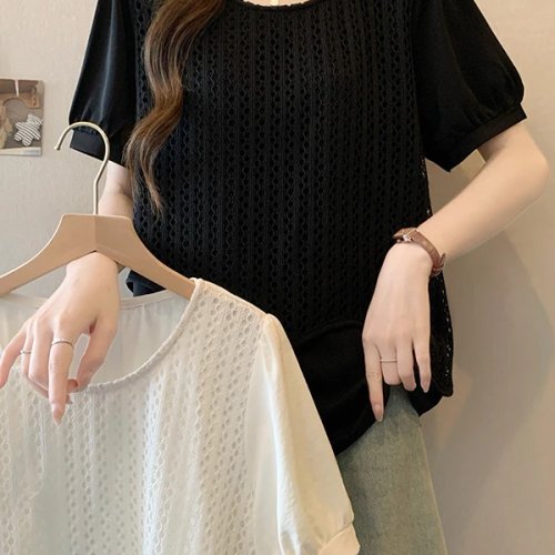 Damska koszulka plus size z wycięciami, krótki rękaw — luźny krój, modelujący sylwetkę, koreański styl, letni top