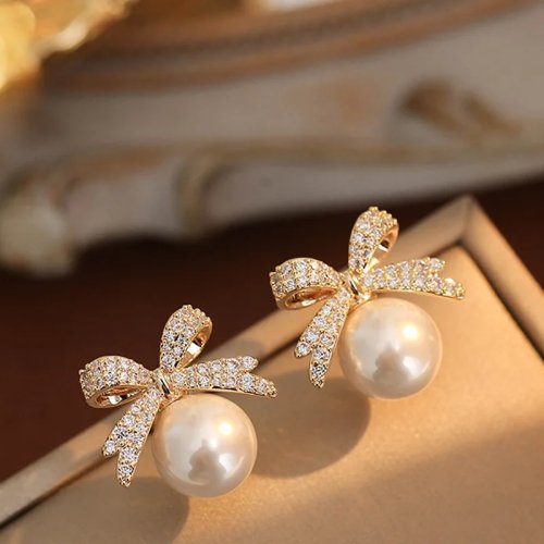 Boucles d'oreilles puces argent 925 style coréen, nœud cristal avec perle, femme, blanc/rouge/rose - cadeau