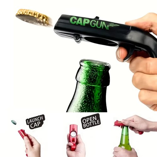 قاذف أغطية محمول وفتّاحة زجاجات (Cap Gun) — أداة مرحة للبار والمطبخ