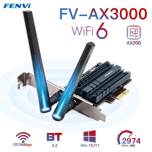 Placa PCIe Wi‑Fi FV-AX3000 Wi‑Fi 6 (AX200) 3000Mbps com Bluetooth 5.2, 2,4/5 GHz, MU‑MIMO para PC Windows 10/11