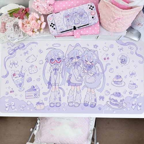 Mousepad kulit PU - Pink Kawaii anime bergambar kucing & stroberi gaya Y2K, tahan air dan anti-selip untuk meja