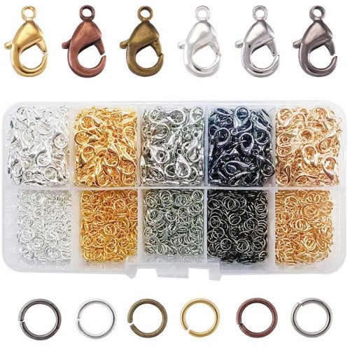 Bộ làm trang sức hộp 750–1500 chiếc: khoá càng cua, khoen mở, đầu ép (crimp), hạt cho vòng tay & dây chuyền DIY