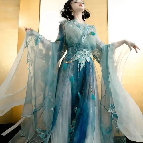 Vestido Hanfu para mujer azul pavo real con bordado pesado, diseño mejorado estilo Reinos Combatientes — para cosplay, fiestas y baile