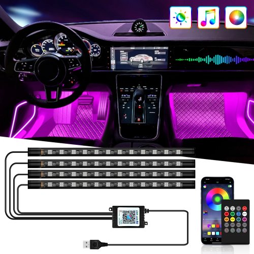 Neonowe oświetlenie LED wnętrza samochodu 36/48/72 LED – podświetlenie podłogi, RGB, pilot bezprzewodowy, sterowanie przez aplikację i synchronizacja z muzyką, lampa dekoracyjna