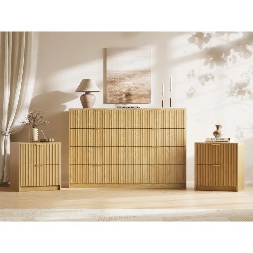 Ensemble chambre 3 pièces : commode 8 tiroirs et 2 tables de chevet avec poignées dorées, meuble en bois