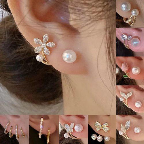 Boucles d'oreilles puces femme style coréen vintage en perle et cristal — fleurs, papillon et feuille en zircon, finition haut de gamme